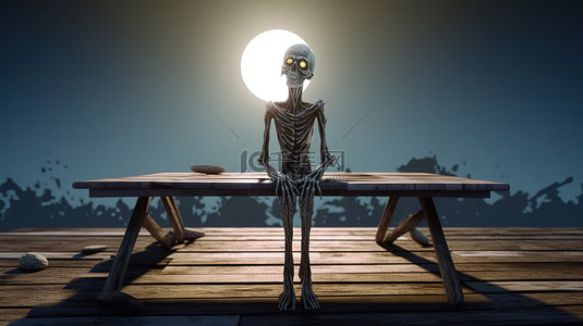 僵尸背景图片_幽灵般的 3D 僵尸在月光下的天空下凝视着木桌