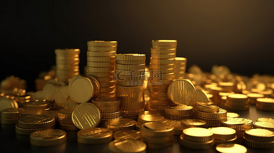 3D 渲染中金条和钱币的插图象征着节省投资和繁荣