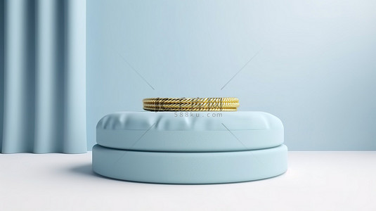 纺织讲台架的平顶视图，带有柔和的蓝色和金线豪华 3D 组合物