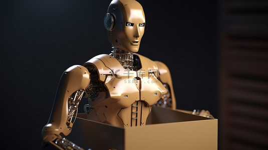 用人工智能在 3D 渲染中描绘的携带机器人或送货机器人的纸板箱