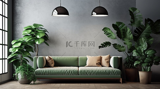 现代生活空间，配有壁挂式沙发和 3D 渲染的郁郁葱葱的绿色植物