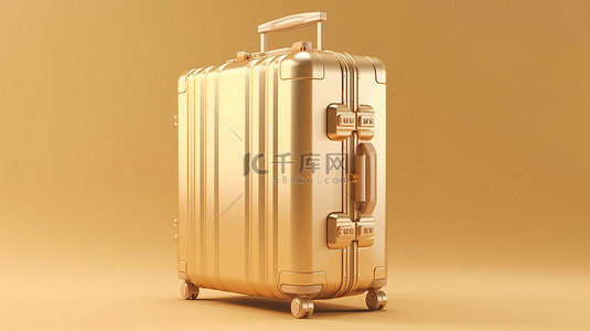 夏季旅行必备的奶油背景金色随身行李 3D 渲染