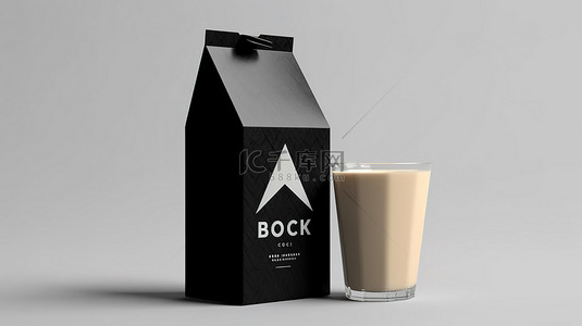 牛奶包装背景图片_白色背景模型，配有 3D 渲染的黑色纸板三角盒，用于奶油果汁或牛奶包装
