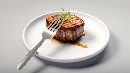 304食用钢背景图片_3d 渲染的叉子拿着美味的牛排