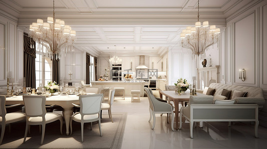精致的餐厅厨房和起居空间，白棕色和金属的奢华融合，以 3D 呈现