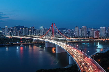 杨浦滨江背景图片_夜间交通在城市桥梁上移动