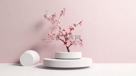 白色桃花背景图片_樱花白色背景和日本风格的简约讲台，用于 3D 产品演示插图