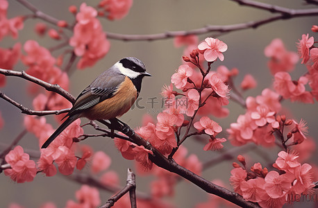 粉色鸟背景图片_一只鸟坐在粉红色花朵前的树枝上