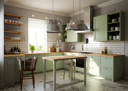 厨房餐具食物家具背景图片_厨房装饰绿色背景