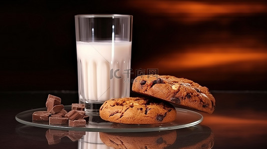 喝牛奶卡通背景图片_美味的 3D 插图美味早餐搭配牛奶巧克力饼干和牛奶砖