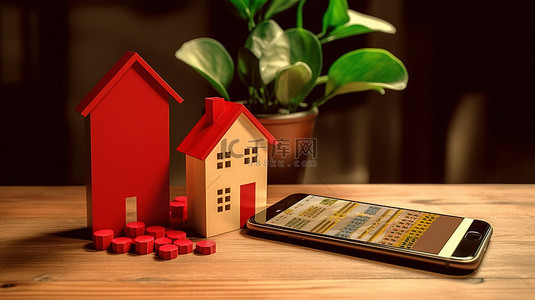 房地产科技背景背景图片_房地产增长概念移动设备上的商业图和家庭的 3D 插图