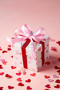 空盒子上面背景图片_粉红色表面上的一个空礼品盒，上面有白色的心