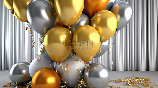 闪闪发光的节日背景装饰着闪闪发光的金色和银色气球