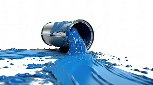 白色背景，3D 渲染房屋轮廓，蓝色油漆从油漆滚筒附近的罐子中倾泻而出