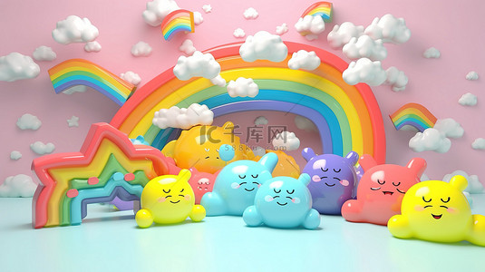 方框 3D 插图卡哇伊星星彩虹云彩和涂鸦带着幸福的微笑