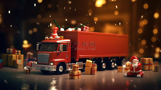 圣诞皮卡车和 3D 渲染圣诞老人的庆祝活动