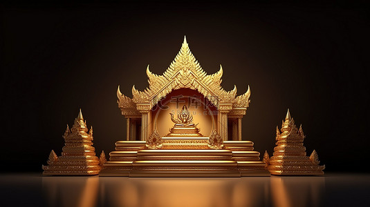 泰式舞台，具有房屋山墙屋顶形状和金色底座，用于 3D 产品渲染