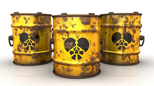 白色背景 3D 渲染上独立站立的三个有毒废物桶