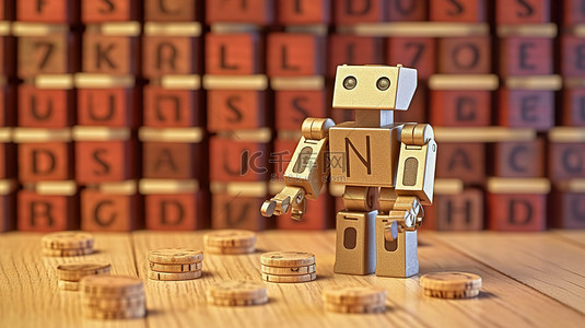 机器人和木制立方体的 3D 渲染图像描绘了金融和投资的成功