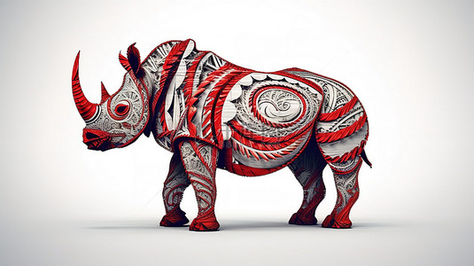 犀牛剪影背景图片_充满活力的 3D 艺术品，具有围绕白犀牛剪影的彩色红色部落图案