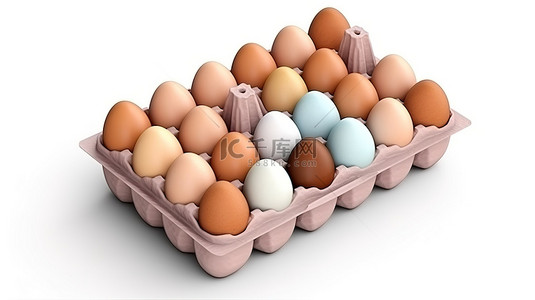白色背景 3D 渲染的盒子里充满活力的各种农场新鲜鸡蛋和鸡肉