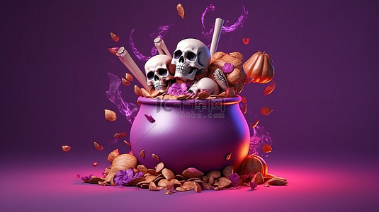 传统的十月庆祝女巫的大锅坟墓骨头和头骨在紫色背景快乐万圣节