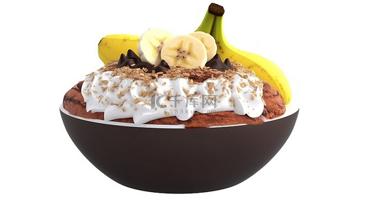 白色背景上隔离的香蕉巧克力 bingsu 刨冰的卡通风格 3D 渲染