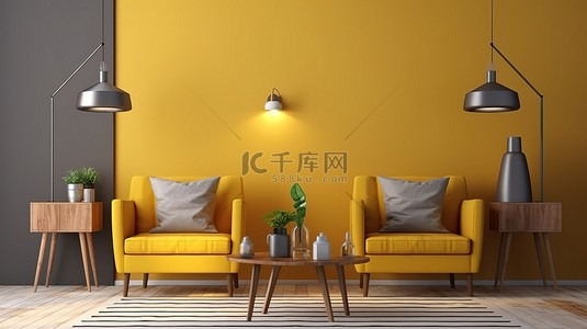 舒适客厅的 3D 渲染，配有木台灯和黄色扶手椅