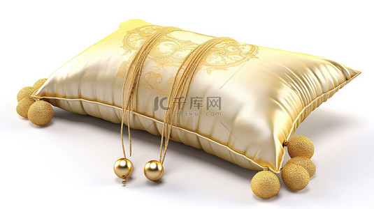豪华丝绸皇家枕头以 3D 渲染展示，在清爽的白色背景上饰有优雅的金色流苏