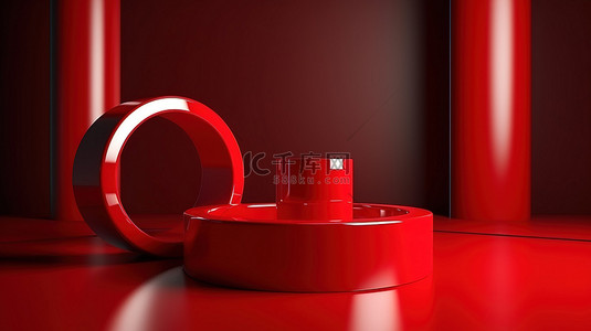 带钢环和圆柱体的红色圆形产品台，3d 渲染，带有醒目的红球