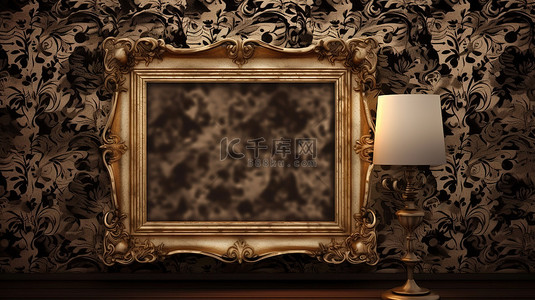 锦缎壁纸背景图片_3d 框架显示在一张质朴的木桌上，带有 grunge 锦缎壁纸背景