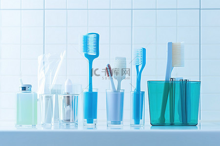 洗漱背景图片_浴室里有很多牙刷和清洁用品
