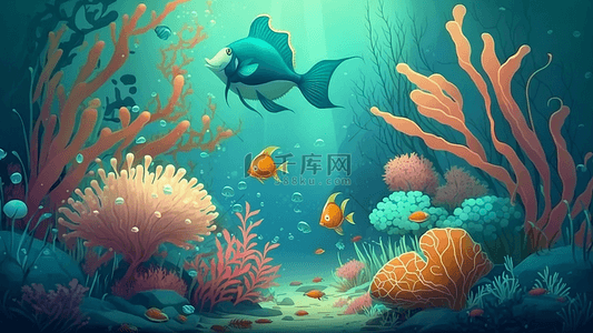 海底群鱼背景图片_海底珊瑚鱼类插画