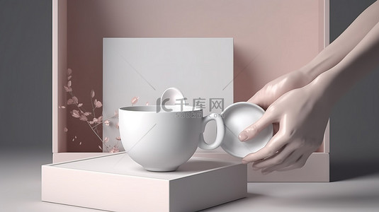 喝咖啡的女人背景图片_带有 3d 白色物体的桃色盒子