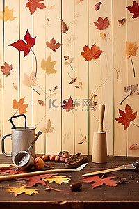 一张有秋叶装饰和工具的桌子