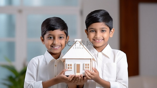 印度的孩子们展示 3D 纸房子模型作为创意房地产概念