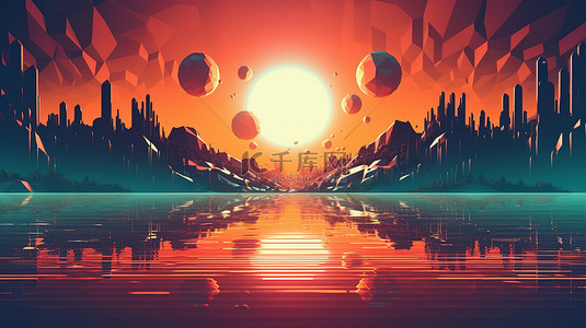 赛博朋克抽象海报背景图片_抽象未来风格 3d 渲染中的日落主题低聚复古背景