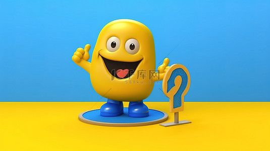 3D 渲染蓝皮书人物吉祥物和黄色背景上的黄色路标，为您的设计提供可用空间