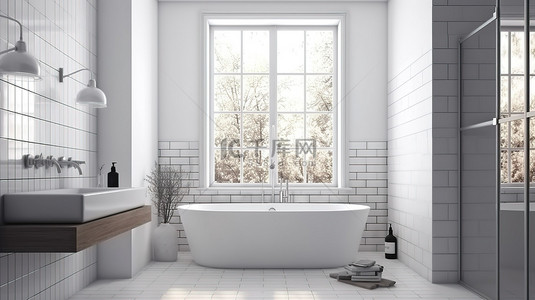 家居清背景图片_受斯堪的纳维亚风格启发的现代浴室设计，采用白色瓷砖和 3D 渲染窗户