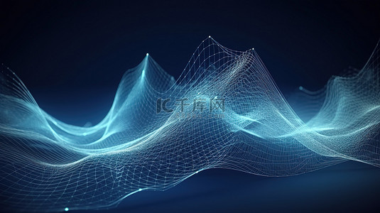 低多边形网格流波蓝线和点具有流动连接结构的抽象多边形波背景的 3d 渲染