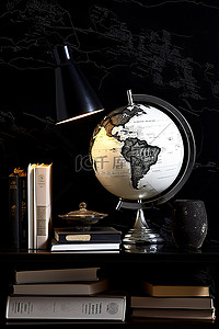 一张桌子，上面有书和一些遍布全球的灯