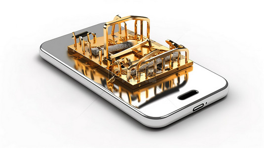 金属熊陷阱，持有白色背景上 3D 渲染的手机 SIM 卡