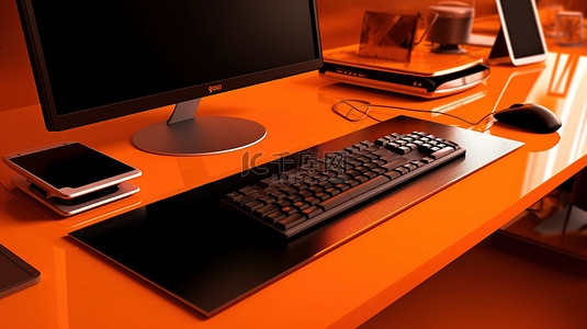 电子创意场景背景图片_办公桌上充满活力的橙色电脑创意 3D 渲染