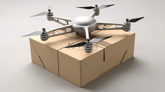 在白色背景下以 3D 形式描绘的携带飞行中无人机的盒子