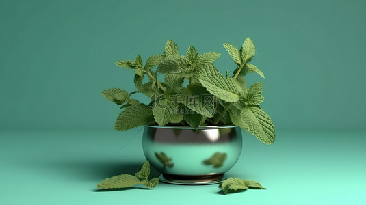 天然食物背景背景图片_青色背景上带有新鲜芳香薄荷的金属花瓶的专业 3D 渲染
