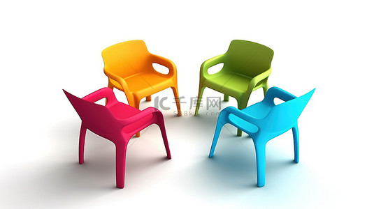 白色背景上充满活力的椅子象征着富有成效的会议和讨论 3d 渲染