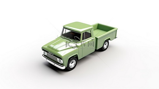 绿色皮卡车背景图片_带有绿色皮卡车的白色背景的 3D 渲染