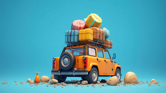 充满活力的蓝色背景展示了一辆满载行李和彩色球的 3D 渲染越野车