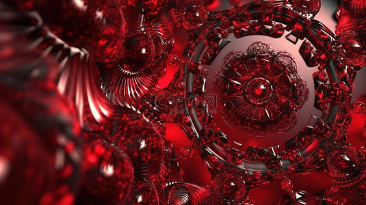 3D 插图中由生动的红色水晶抽象背景形成的圆形万花筒装饰品