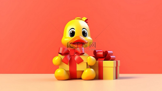 可爱的黄色卡通鸭吉祥物，在阳光明媚的背景 3D 渲染上配有礼品盒和红丝带